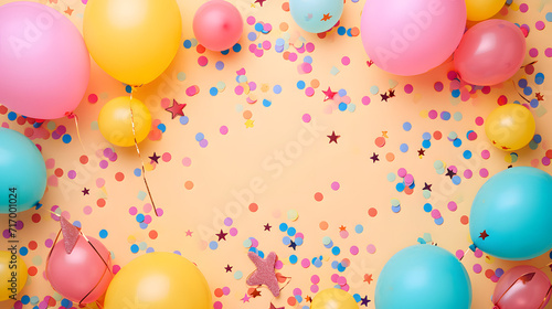 Group of Balloons and Confetti on Yellow Background