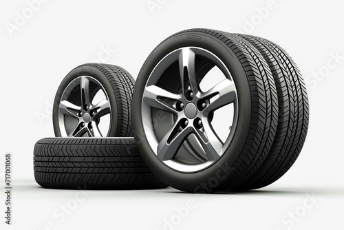 3D-rendered car tires with a realistic appearance, viewed from the side against a white background. Generative AI