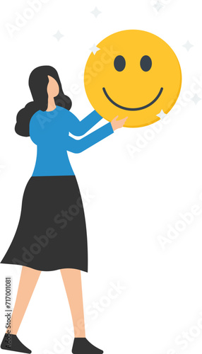 Employee happiness, Job satisfaction or company benefit, Happy workplace or positive attitude, Work motivations, Holding smiling face symbol in joyful workplace  © BinikSol