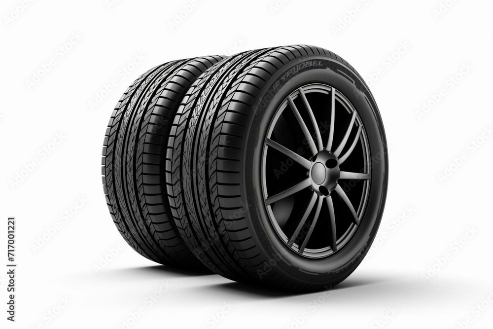 3D-rendered car tires with a realistic appearance, viewed from the side against a white background. Generative AI