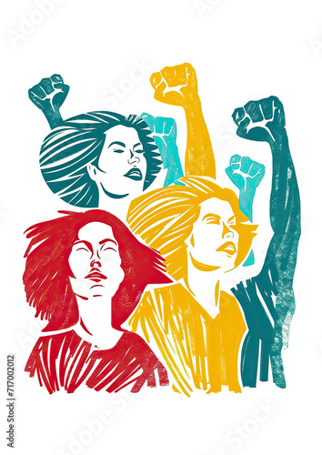 Illustration of women raised fists  activism concept  vintage placard style
