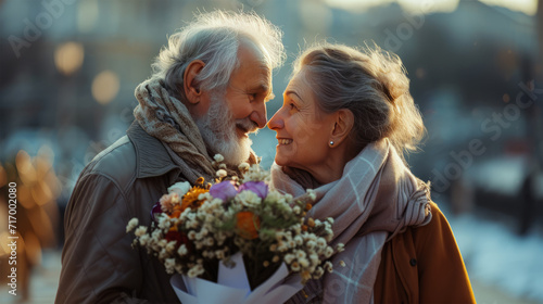 A happy elderly man and woman, an elderly retired couple, stand hugging next to each other. A man gives a bouquet of flowers to a woman.