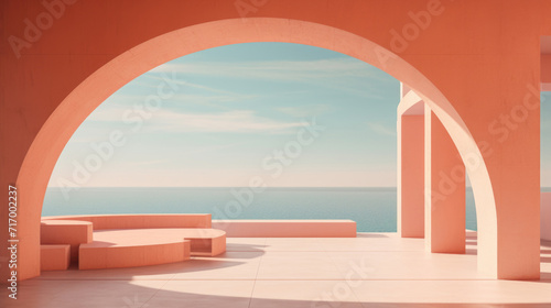 Sunlit building detail with Peach Fuzz color Walls, minimalist background