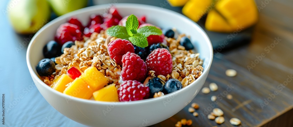A vibrant and nourishing bowl of superfoods, bursting with colorful fruits and wholesome ingredients, perfect for a refreshing and healthy breakfast on a sunny morning at the local farmers' market A vibrant and nourishing bowl of superfoods, bursting with colorful fruits and wholesome ingredients, perfect for a refreshing and healthy breakfast on a sunny morning at the local farmers' market