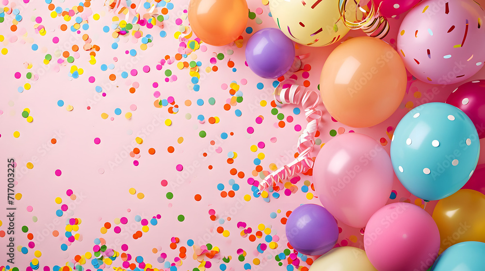 Colorful Balloons and Confetti on Pink Background Colorful Balloons and Confetti on Pink Background