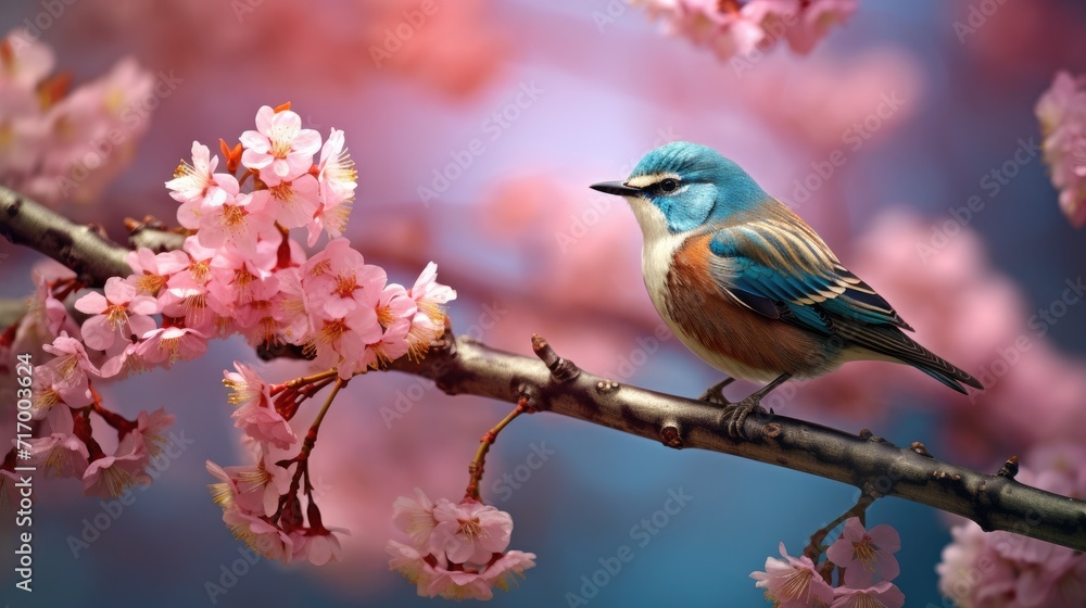 Bird sitting on branch of blossom cherry tree. Springtime. Natural background