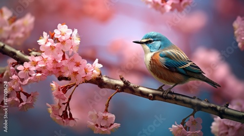 Bird sitting on branch of blossom cherry tree. Springtime. Natural background © Ilmi