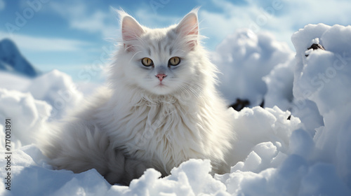 Fluffy white cat sitting in the snow generative