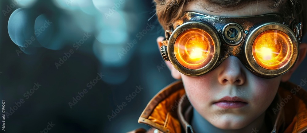 Amidst the sun's warm rays, a boy gazes out through his steampunk goggles, his face a portrait of curiosity and wonder Amidst the sun's warm rays, a boy gazes out through his steampunk goggles, his face a portrait of curiosity and wonder