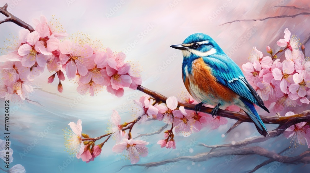 Bird sitting on branch of blossom cherry tree. Springtime. Natural background