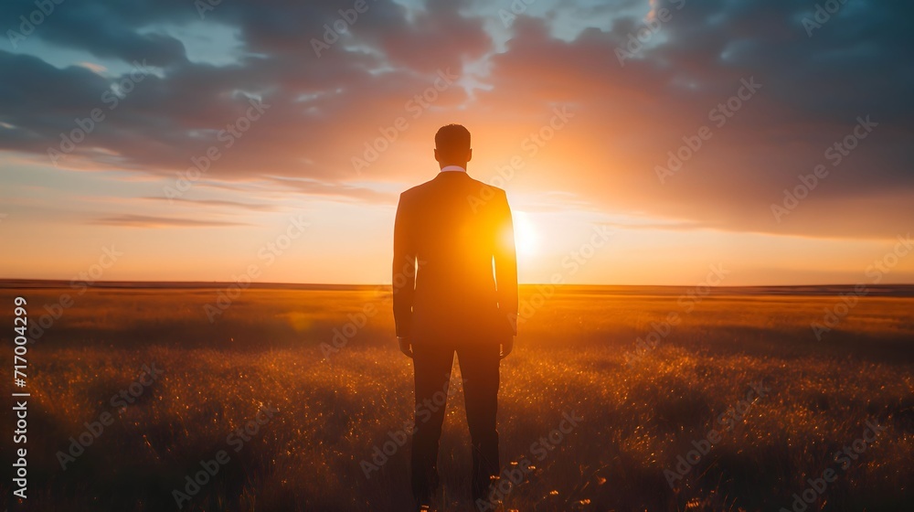 a man stands in a field and is charged with energy, looks at the sunset, wearing a business suit, motivation to achieve success goals, personal growth. Concept of success and achieving goals a man stands in a field and is charged with energy, looks at the sunset, wearing a business suit, motivation to achieve success goals, personal growth. Concept of success and achieving goals