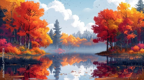 Autumn Trees Their Reflection Wate  Background Banner HD