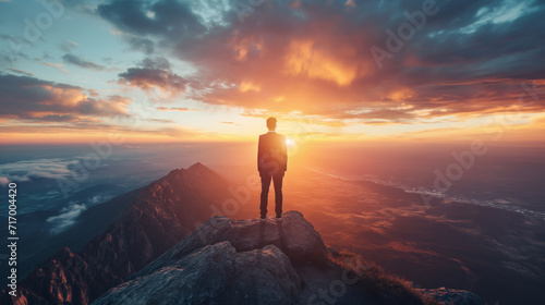 a man stands on the top of a mountain and looks at the sunset, dressed in a business suit, motivation to achieve success goals, personal growth. Concept of success and achieving goals © StellaPattaya