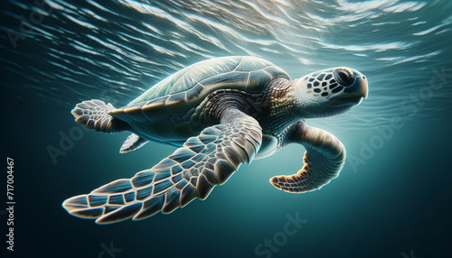 A majestic green turtle swimming in the ocean under the surface