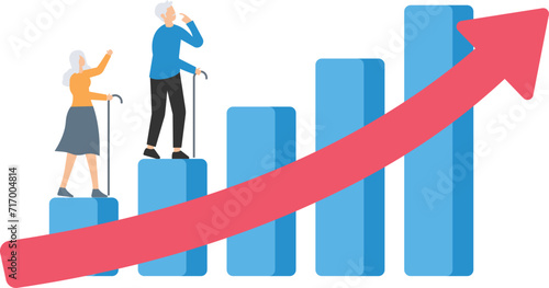 Aging society, world population aging problem, workforce crisis by low birth rate compare to senior elderly or retiree increase, elderly senior couple walk up rising, increasing graph of aged citizen.