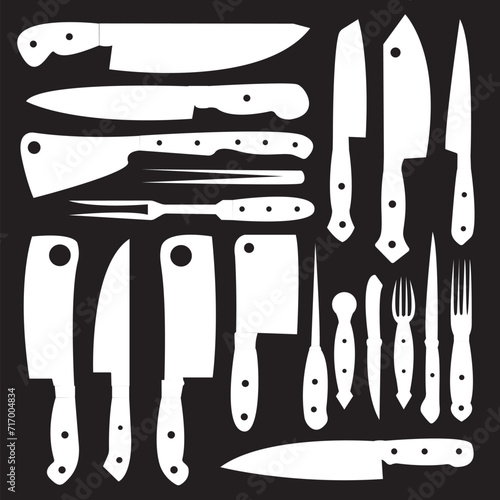set of kitchen knives vector, Seamless pattern and background of meat cutting butcher knives. Creative graphic pattern with hand drawn illustrations for butcher shop, farmer market. Vintage typographi