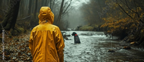 In the midst of a winter storm, a brave person in a vibrant yellow raincoat stands in the rushing river with their loyal dog, surrounded by towering trees and a majestic statue, embracing the raw bea photo