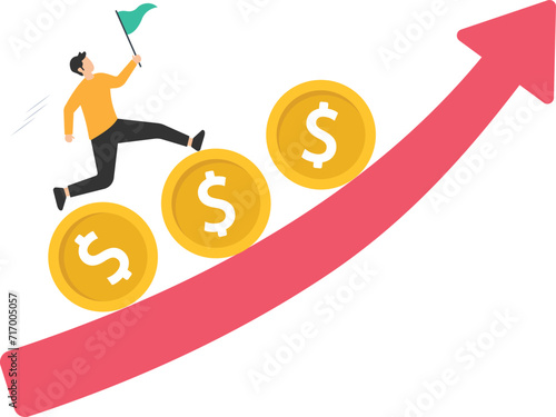 Investment profit and earning, stock market growth or fund flow depend on interest rate and inflation concept, businessman investor, fund manager holding flag lead money coins running up rising graph.