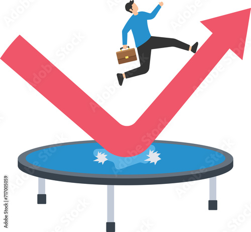 Stock market rebound, overcome business down fall and grow up profit or leadership and achievement concept, businessman jump bouncing high on trampoline with green rising up performance arrow graph.
