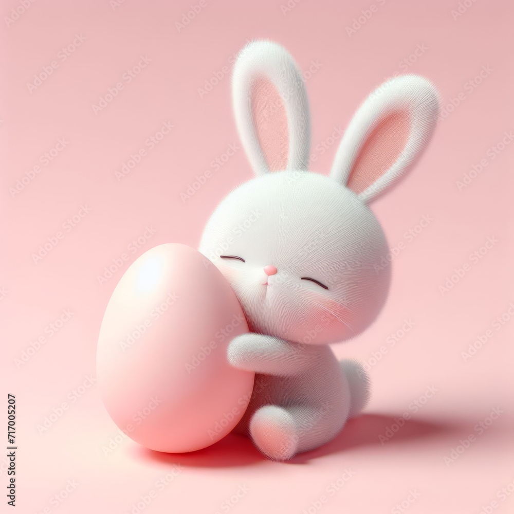Cute fluffy white Easter bunny hugs a pastel pink egg on a pastel pink background. Easter holiday concept in minimalism style. Fashion monochromatic composition. Copy space for design. Cute fluffy white Easter bunny hugs a pastel pink egg on a pastel pink background. Easter holiday concept in minimalism style. Fashion monochromatic composition. Copy space for design.