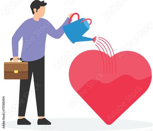 Work passion, motivation to success and win business competition, mindset or attitude to work in we love to do concept, businessman pouring water to fulfill heart shape metaphor of passion.
