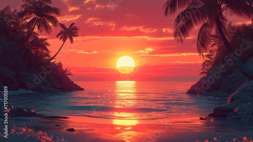 Beach Idyll Beautiful Orange Sunset Over  Background Banner HD
