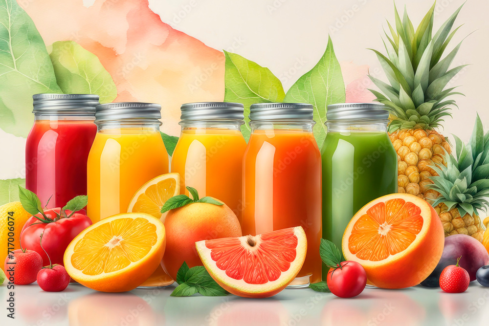 Watercolor various freshly squeezed fruits and vegetables juices and their ingredients with on a table. Watercolor various freshly squeezed fruits and vegetables juices and their ingredients with on a table.