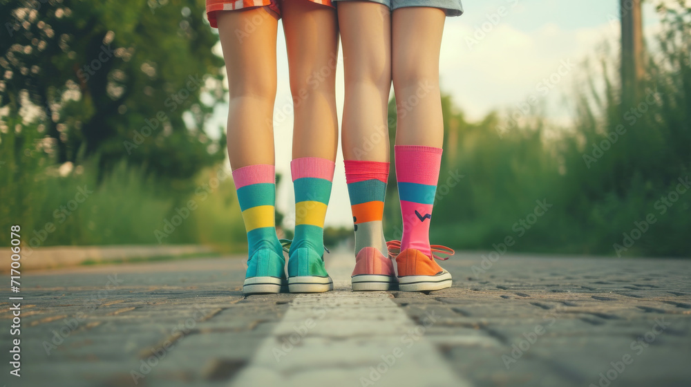 Friends' Colourful Socks on Cobblestone Street.
Close friends' legs with vibrant socks and sneakers on cobblestone.