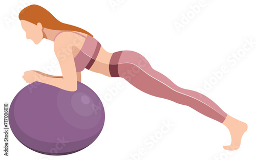 vector image of a beautiful slim girl in sportswear (leggings and sports bra) squats with a fitness ball isolated on a white background. woman doing fitness, sports, training, aerobics, exercise
