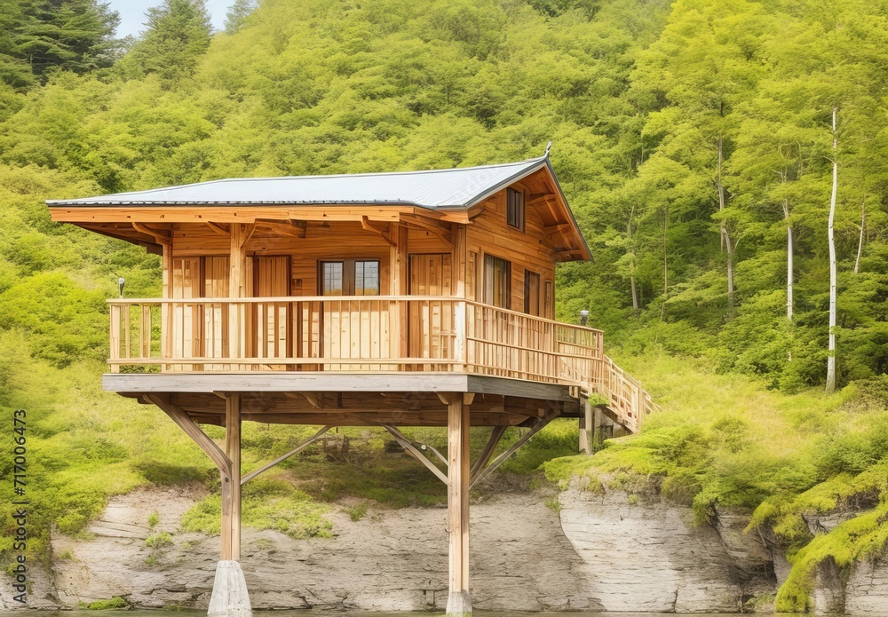 Wooden house with terrace over lake Wooden house with terrace over lake