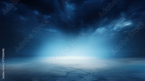 Dark blue background fog and light on floor. Mystical mist. smoke in dark room. Banner show product