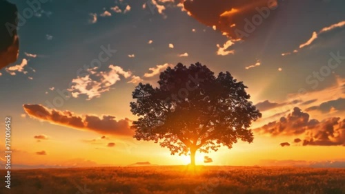 one tree growing under the sunset background photo