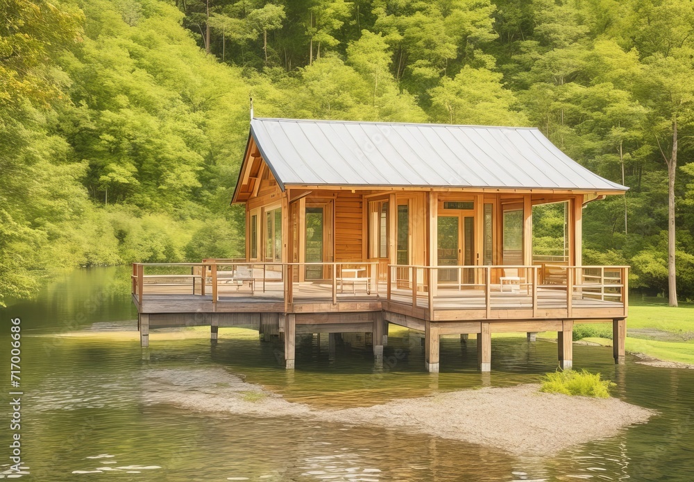 Fototapeta premium Wooden house with terrace over lake