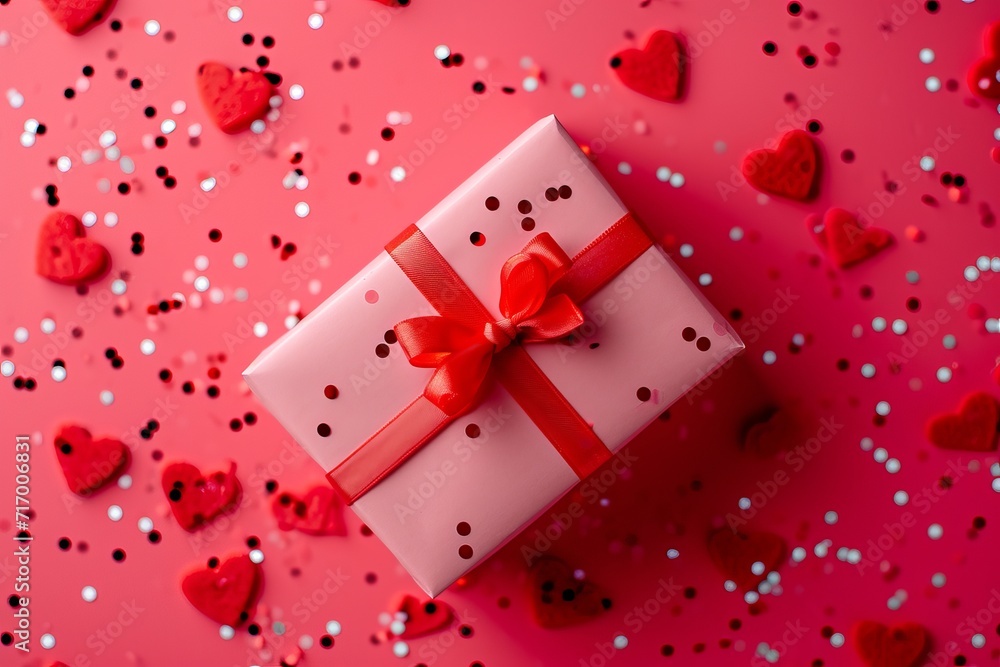 Obraz premium Close up pink gift on pastel pink background among heart-shaped confetti. Valentine's day, romance, love, wedding anniversary concept with copy space.