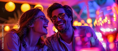 A couple's joyous moment captured in a photo, their faces illuminated with genuine smiles, their fashionable clothing and glasses adding to their charm, while the sound of music surrounds them