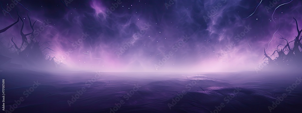 Dark purple background fog and light on floor. Mystical mist. smoke in dark room. Banner show product
