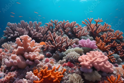 A colorful coral reef teeming with marine life in a clear ocean
