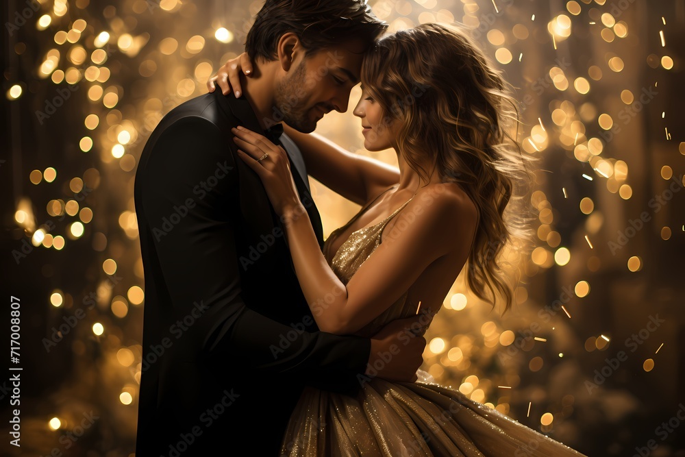 A romantic and dreamy moment with a model in a flowing champagne gold dress, surrounded by soft focus fairy lights