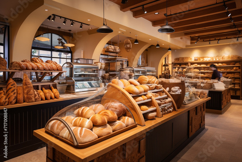 Artisan Bakery Interior with Fresh Bread on Display. photo