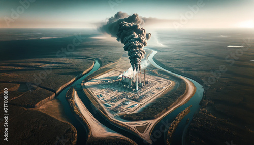 A large factory with smoke pouring out of it's stacks. Concept air pollution and global warming photo