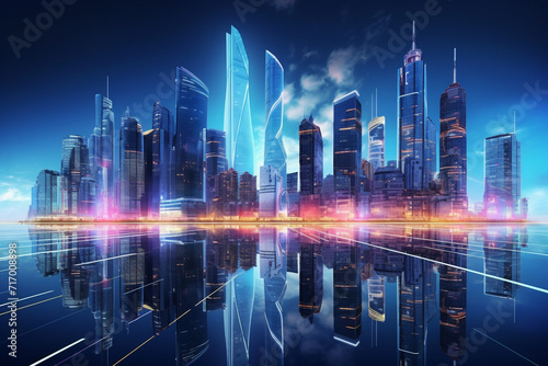 Futuristic City Skyline with Vibrant Light Effects.