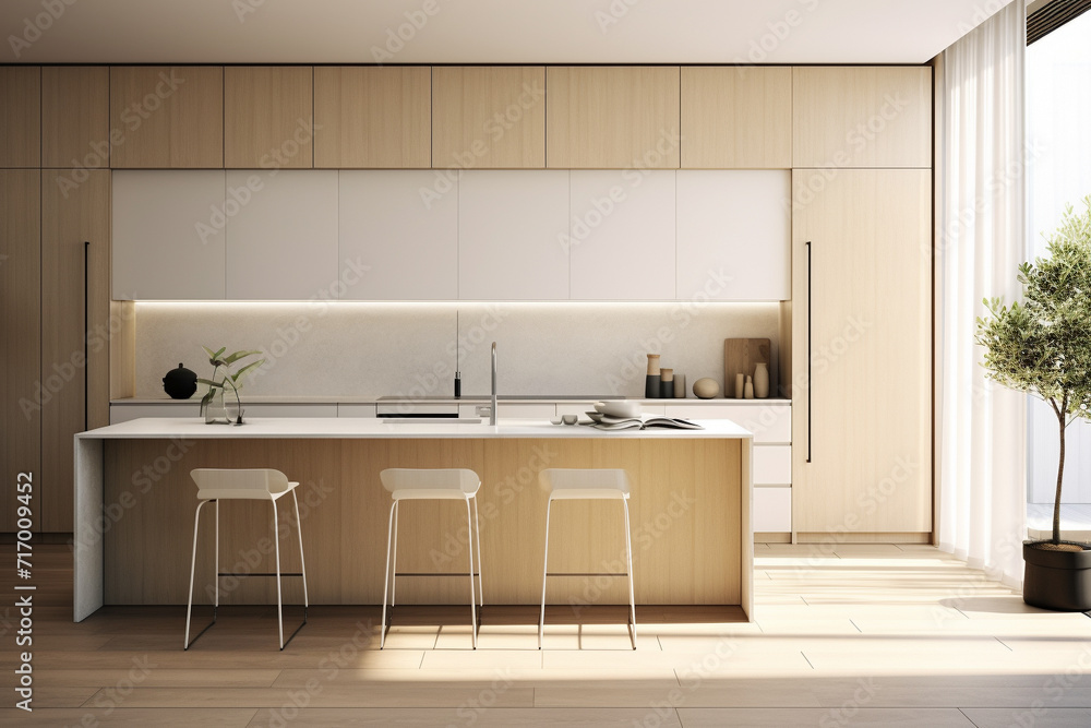 Fototapeta premium Minimalist Modern Kitchen with Wood Accents.