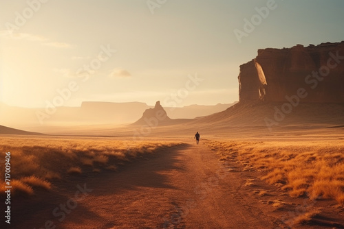 Person Walking in Desert with Monumental Rock Formations.