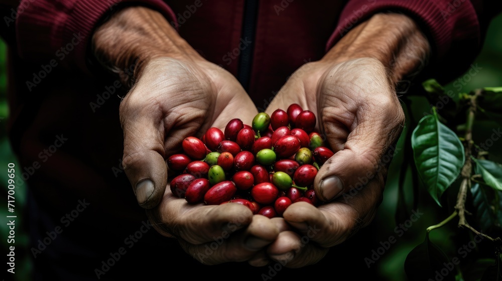 Red coffee berries in hands farmer. organic coffee arabica and Robusta Red coffee berries in hands farmer. organic coffee arabica and Robusta