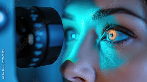 Close-Up of a Woman's Eye During an Optometric Vision Test with Blue Light Illumination