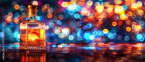 A lone glass of amber liquid reflects the vibrant lights of the outdoor bar, beckoning for a night of indulgence with its smooth, distilled whisky