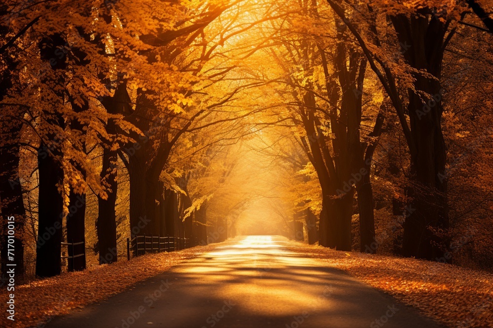 A yellow forest road Lined with Trees on an Autumn Landscape Background
