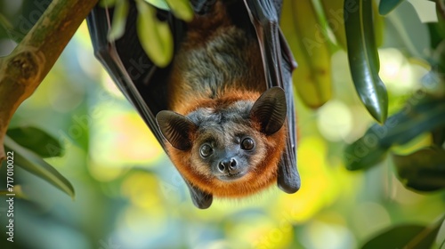 Curious Flying Fox Hanging Upside Down