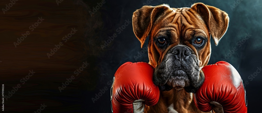 A fiery boxer dog stands tall with its red boxing glove, ready to conquer any opponent with its fierce and determined nature