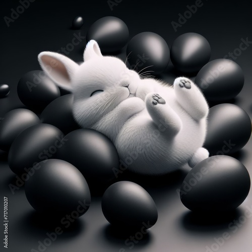 Cute fluffy white Easter bunny is lying among the eggs on a black background. Easter holiday concept in minimalism style. Fashion monochromatic   composition. Copy space for design.